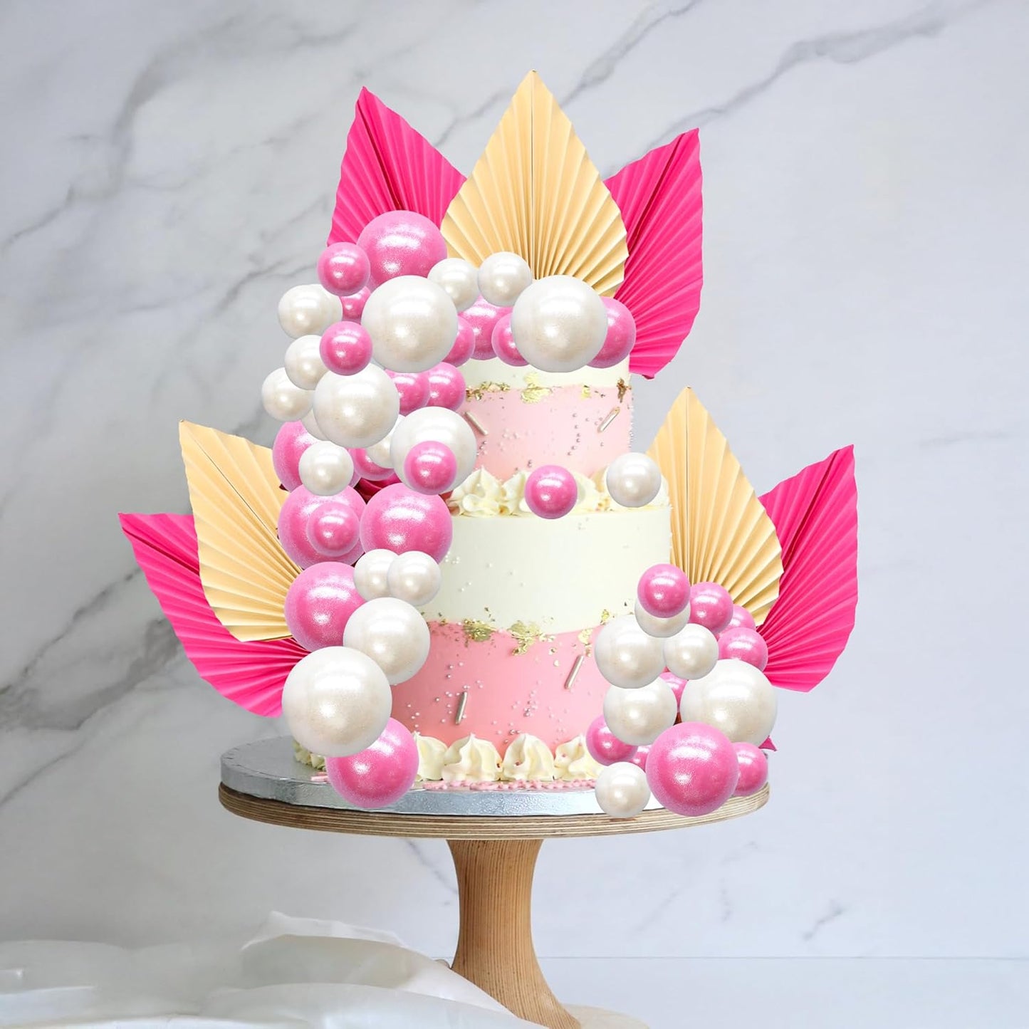 Ephlyn 28Pcs Paper Palm Fan Cake Topper Balls Cake Pick Wedding Bridal Shower DIY Cake Decorations for Baby Shower Wedding Birthday Anniversary Party Supplies White Rose Red