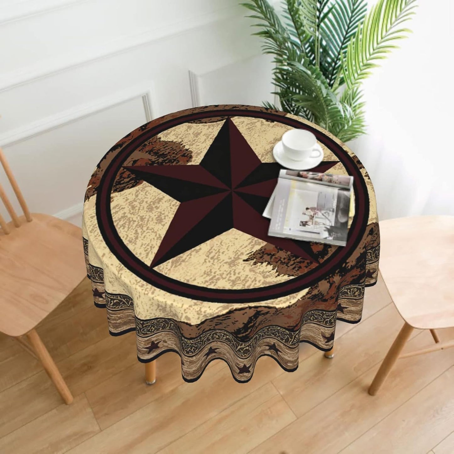 Giwawa Western Texas Star Tablecloth Round- Rustic Stars on Vintage Brown Wood Board Print- 60" Cabin Country Style Heat Resistant Table Cloth Cover for Kitchen Dining Indoor Outdoor Decor