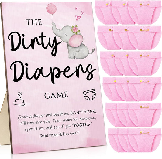 Roowest 51 Pcs Dirty Diaper Baby Shower Games Funny Wooden Sign with 50 Pcs Mini Diapers Cute Felt for Gender Reveal Party Baby Shower(Pink Elephant)