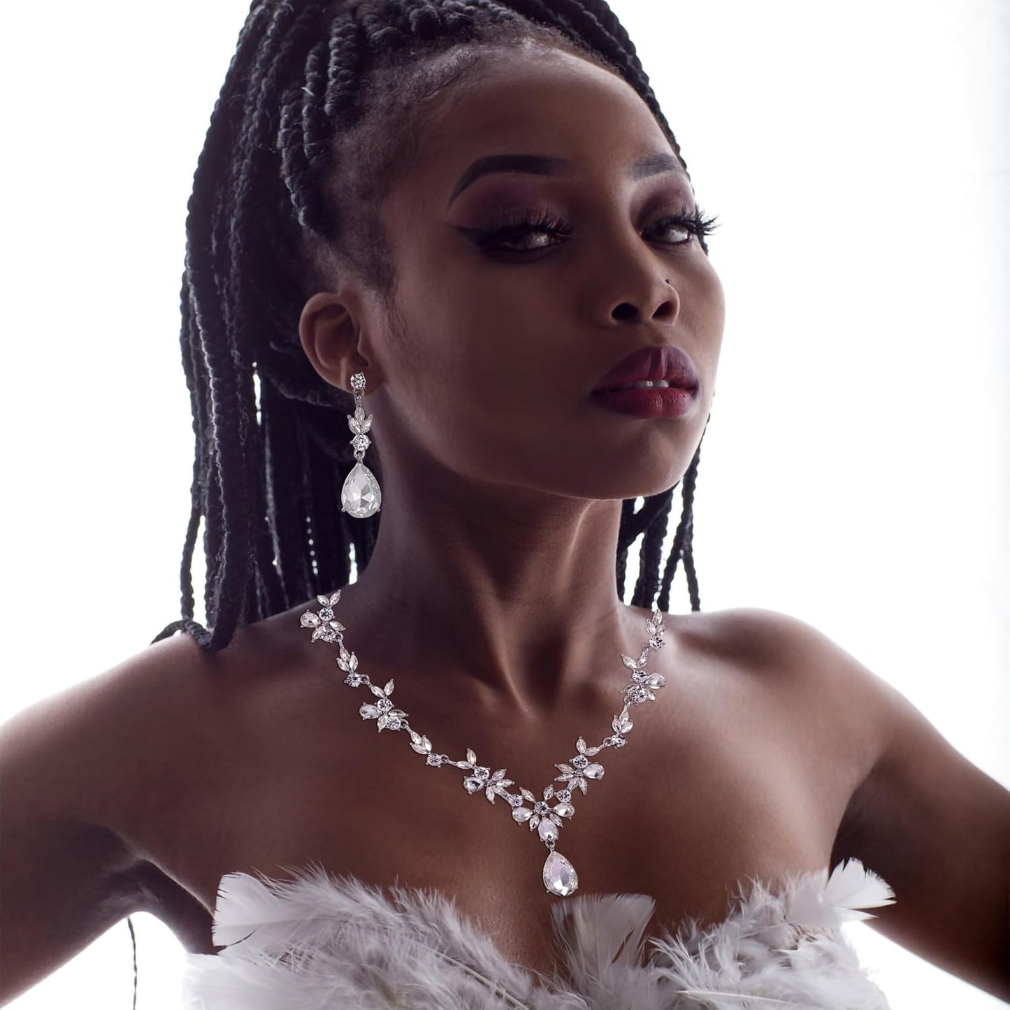 Kamirola Bridal Jewelry Set, Jewelry Set for Women, Necklace Dangle Earrings Bracelet Set, White Gold Plated (TR76)