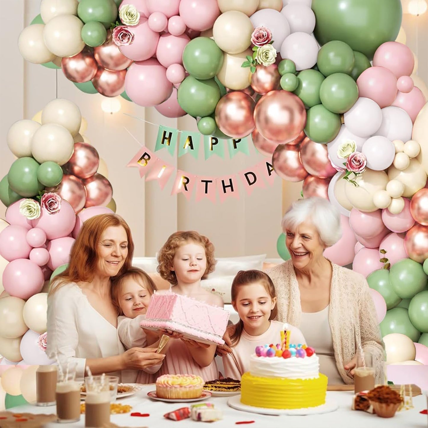 Sage Green Pink Balloon Arch Kit, Olive Green Baby Pink Sand White Balloons with Rose Gold Metallic Latex Balloons for Girl Birthday Wedding Bride Shower Party Decorations