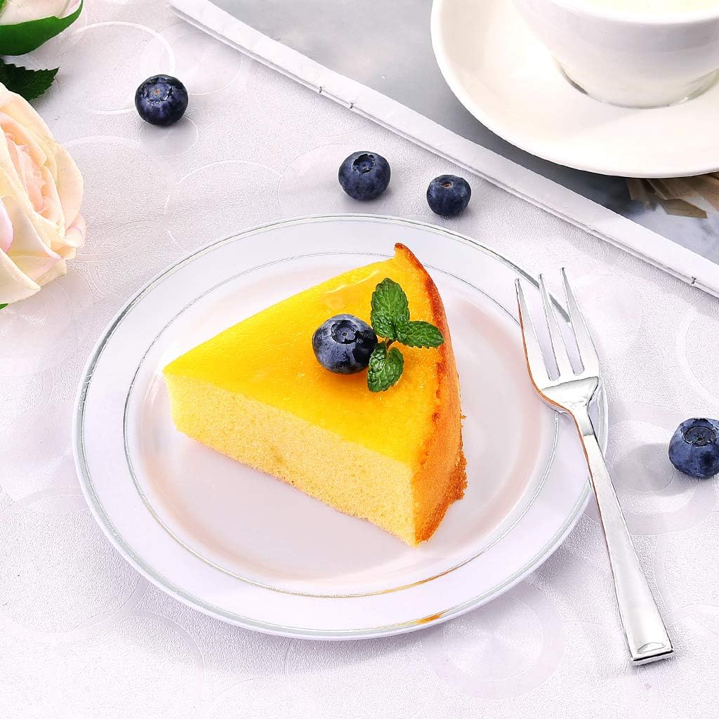 bUCLA 100Pieces Silver Plastic Plates - 6.25inch White with Silver Rim Disposable Salad/Dessert/Appetizer/Small Cake Plates for Weddings, Christmas, Parties&Gathering