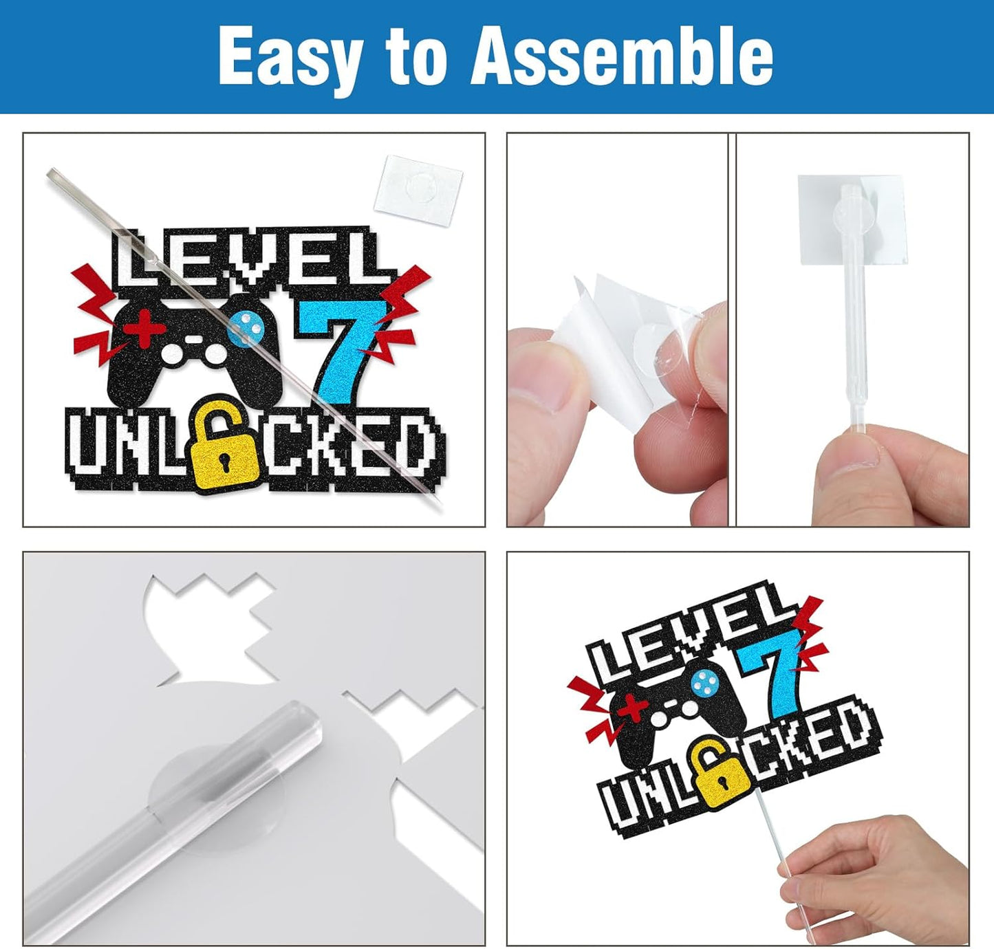 Video Game Cake Topper, Level 7 Unlocked Cake Toppers, Happy 7th Birthday Game Party Decorations for Boys Girls, Video Game Controller Themed Birthday Party Supplies for Game Fans, Kids and Men