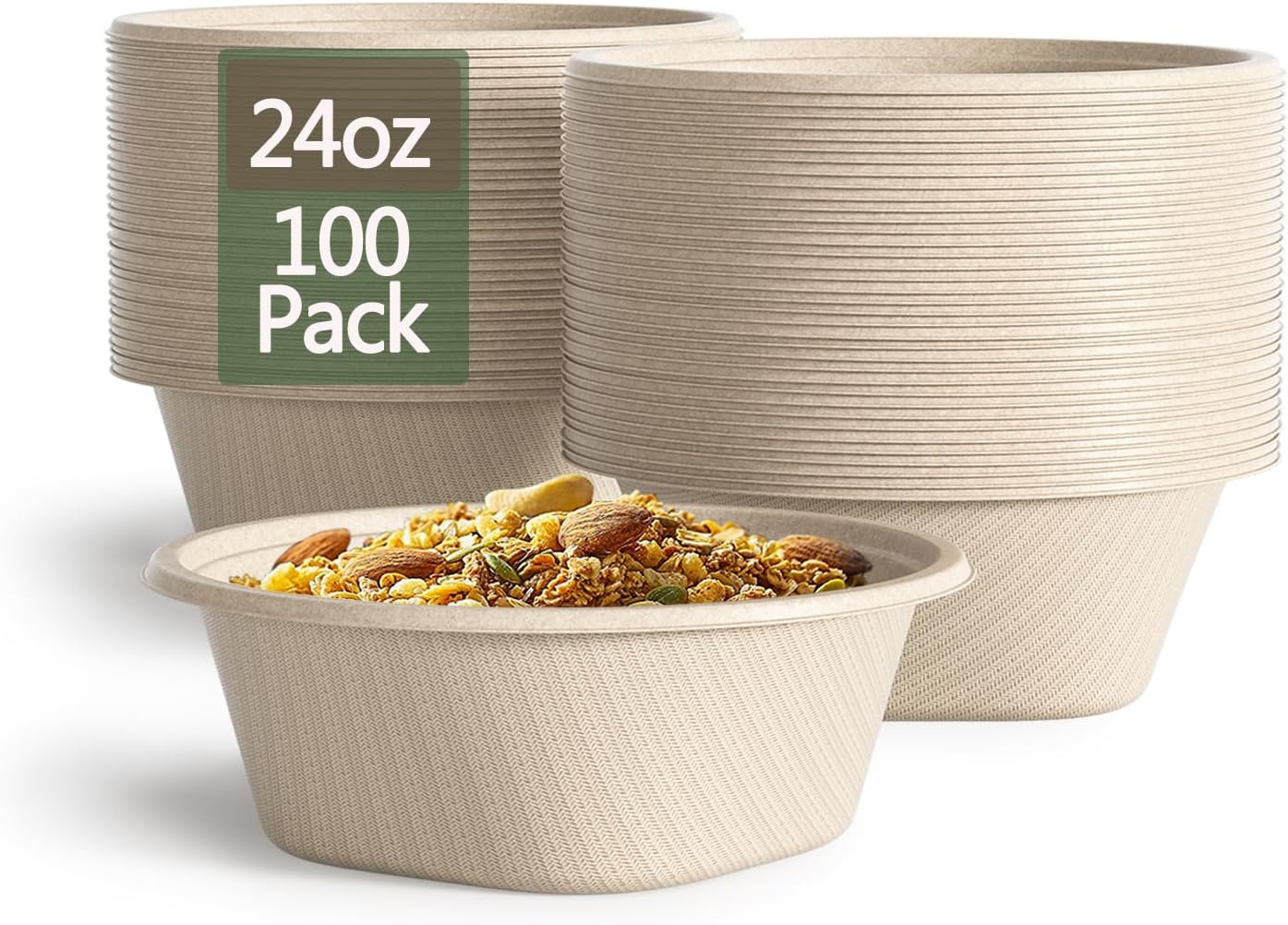 24 Oz Disposable Bowls, [100 Pack] Paper Bowls Disposable - Heavy Duty and Eco-friendly Sugarcane and Bamboo Bagasse Biodegradable Bowls for Cereal, Rice, French Fries - Convenient and Compostable