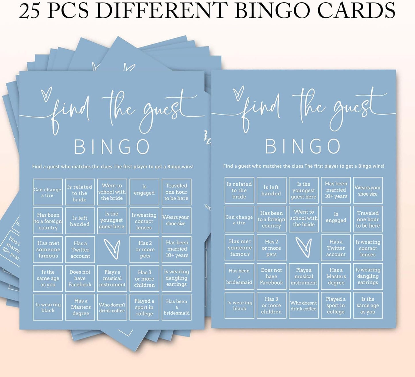 Wedding Shower Games Cards, 25Pcs Prefilled Find The Guest Bingo Game Cards, Engagement Party Games for Guests, Minimalist Blue Wedding Party Supplies - B19