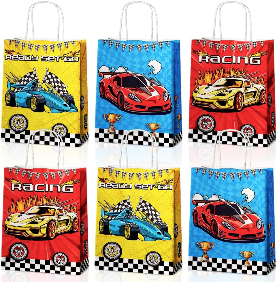 24 Pcs Racing Car Party Favor Bags with Handles - Race Car Goodie Bags Gift Bags. Checkered Two Fast Theme Candy Bags for Kids, Kraft Paper Bags for Birthday Party Supplies Decorations
