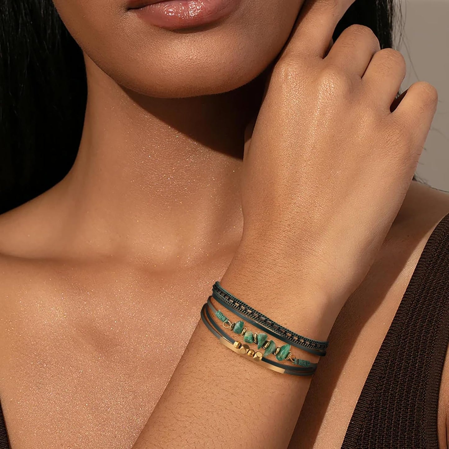 Fesciory Leather Wrap Bracelets for Women, Boho Leopard Multi-Layer Crystal Beads Cuff Bracelet Jewelry