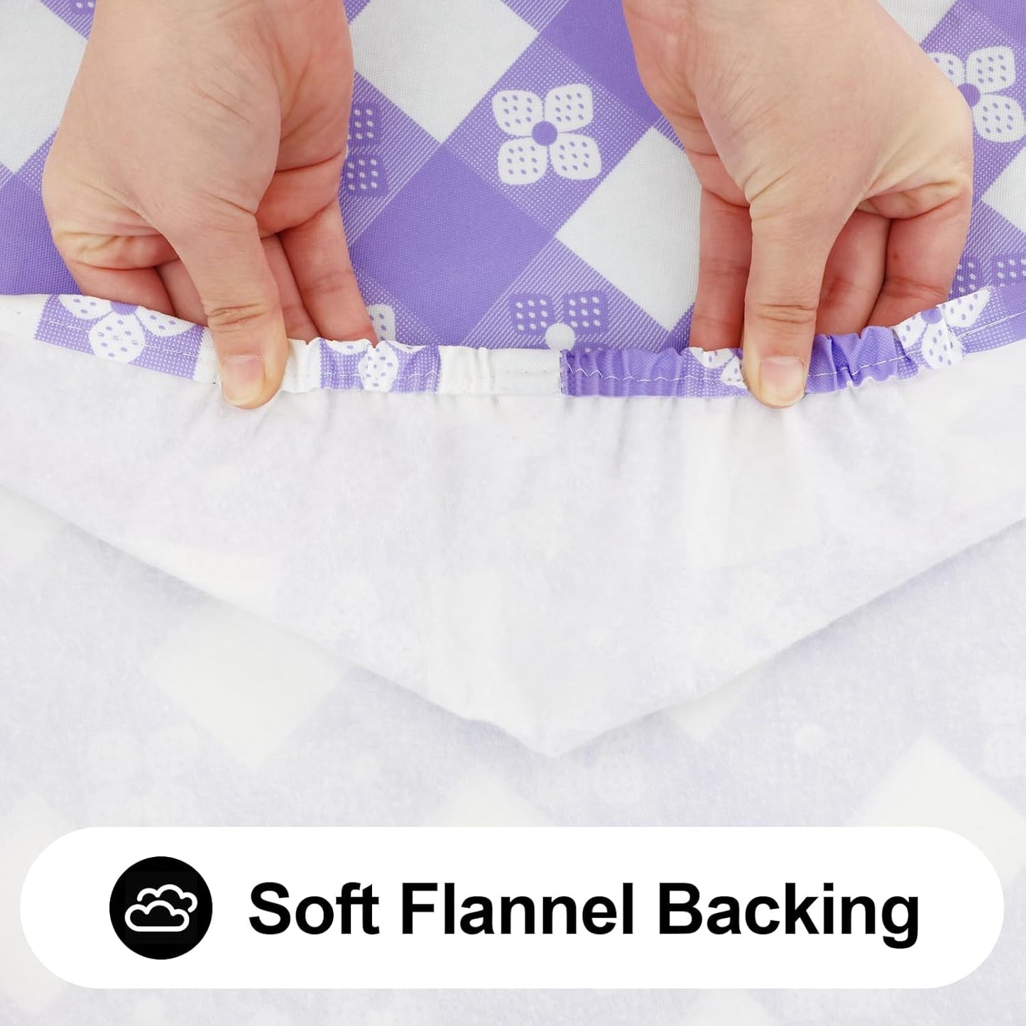 Rectangle Vinyl Table Cloth, Waterproof Elastic Fitted Tablecloth with Flannel Backing, Plastic Table Cover for Picnic, Camping, Outdoor (White & Lavender, 30"x96")