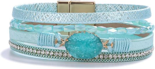 FANCY SHINY Leather Wrap Bracelet Boho Cuff Bangle Bracelets Crystal Bead Bracelet with Magnetic Clasp Jewelry Gifts for Women