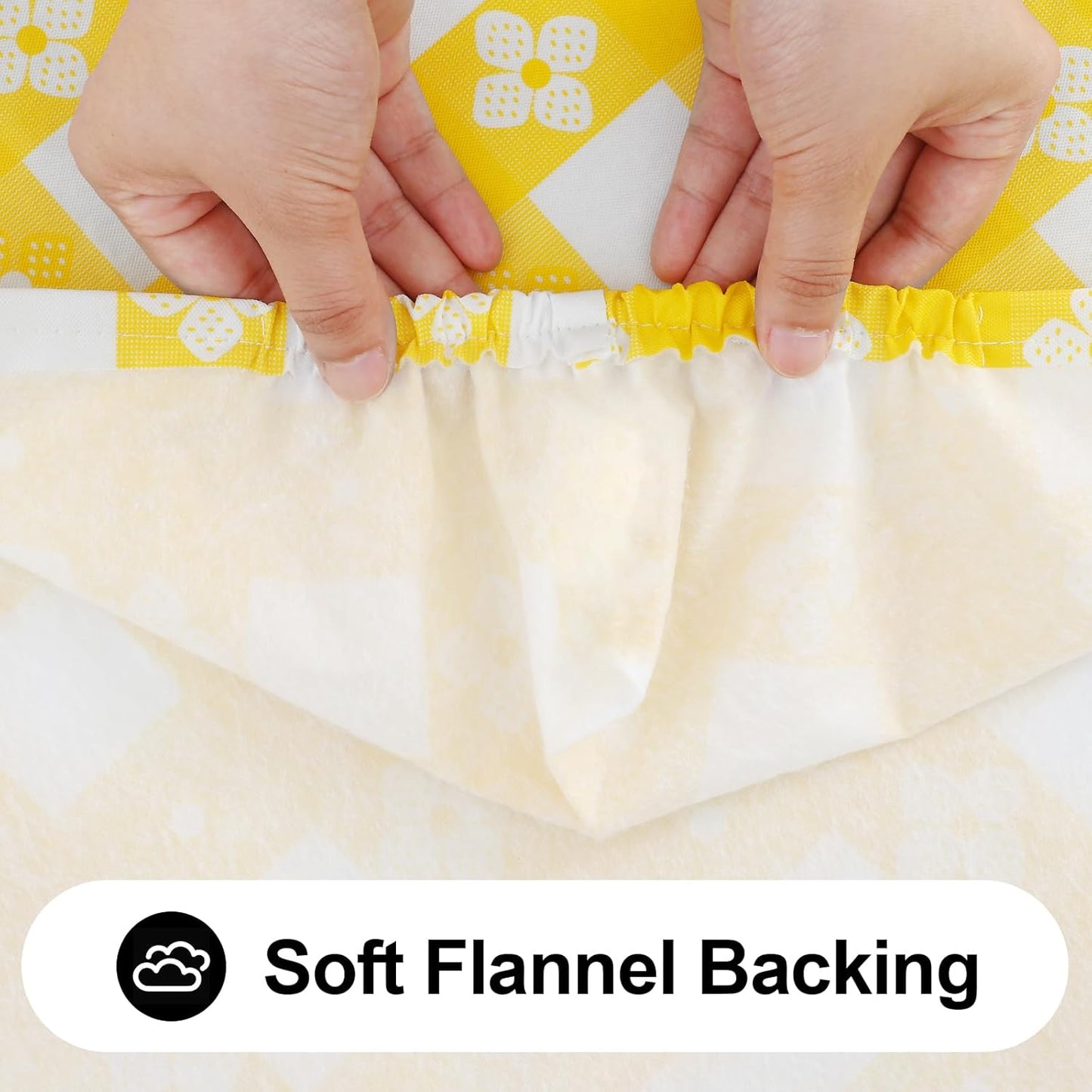 Rectangle Vinyl Table Cloth, Waterproof Elastic Fitted Tablecloth with Flannel Backing, Plastic Table Cover for Picnic, Camping, Outdoor (White & Yellow, 24"x48")