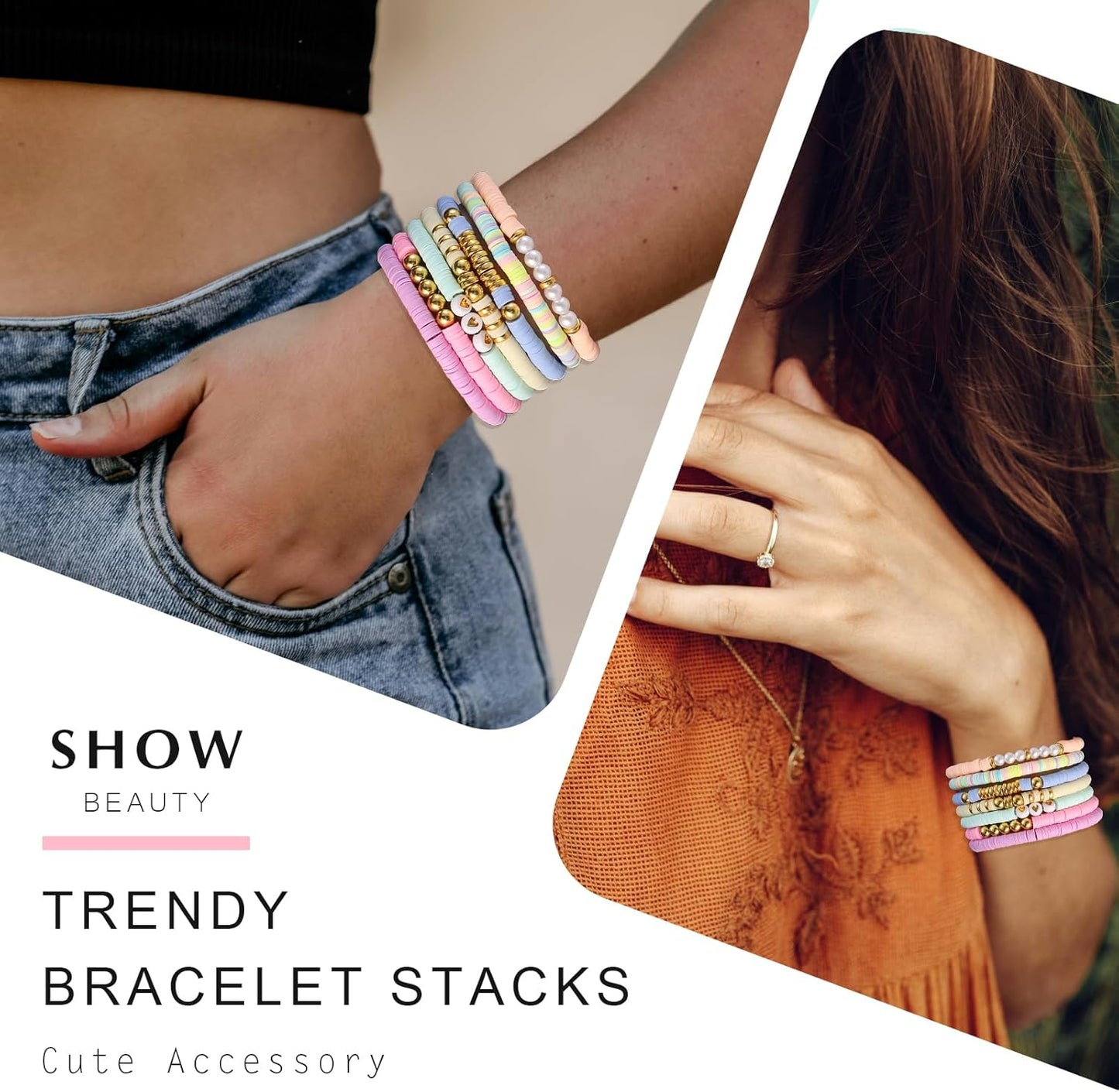 Friendship Bracelets Trendy Heishi Clay Bead Bracelets Stack Gold Beaded Stretch Bracelets for Women Boho Stackable Bracelets Bulk Cute Preppy Jewelry