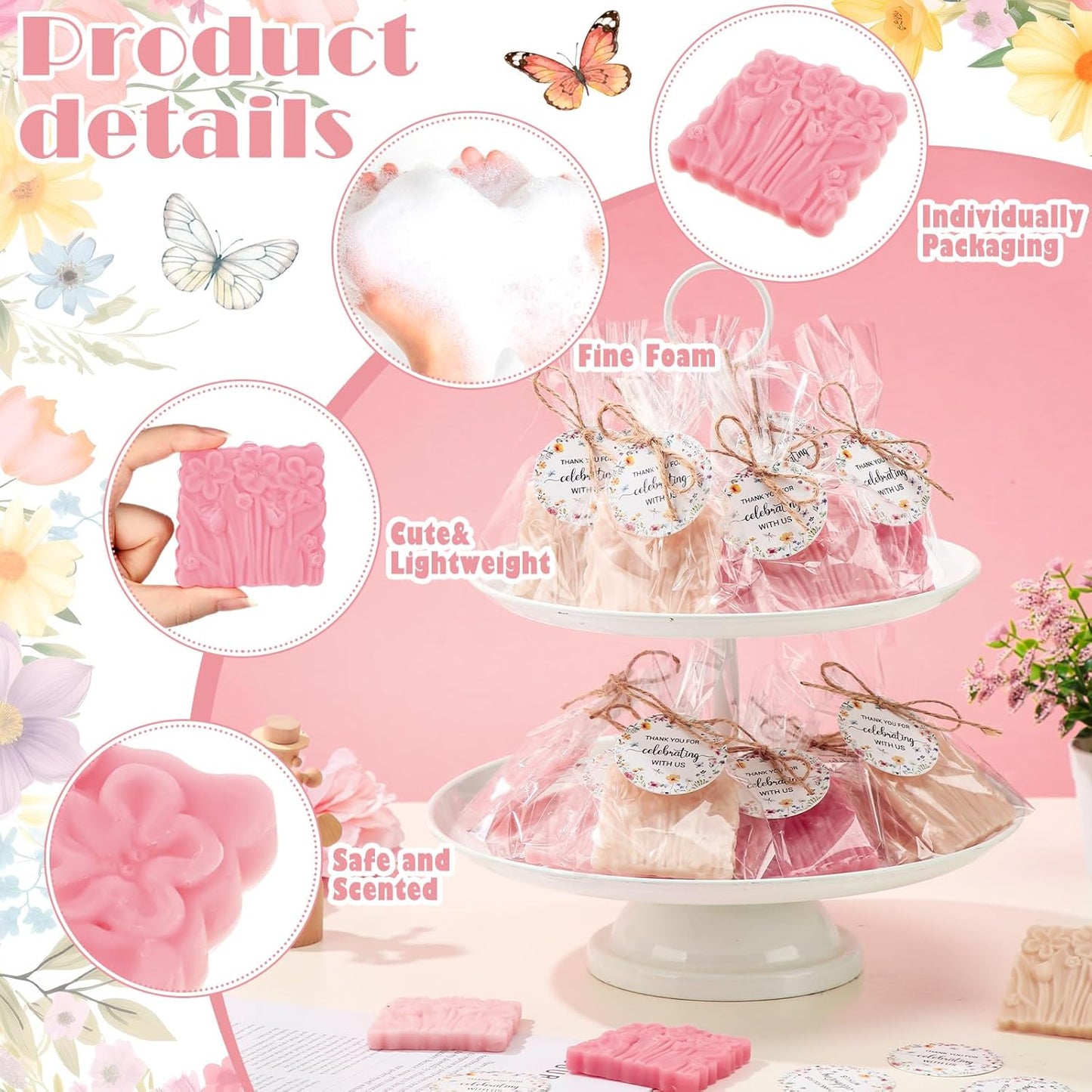 Demissle 20 Pcs Baby Shower Soap Favors Wildflowers Baby Shower in Bloom Flower Bath Soap Gift Set with White Greeting Card Handmade Gifts for Guests Decorations Supplies(Classic Color,Classic Style)