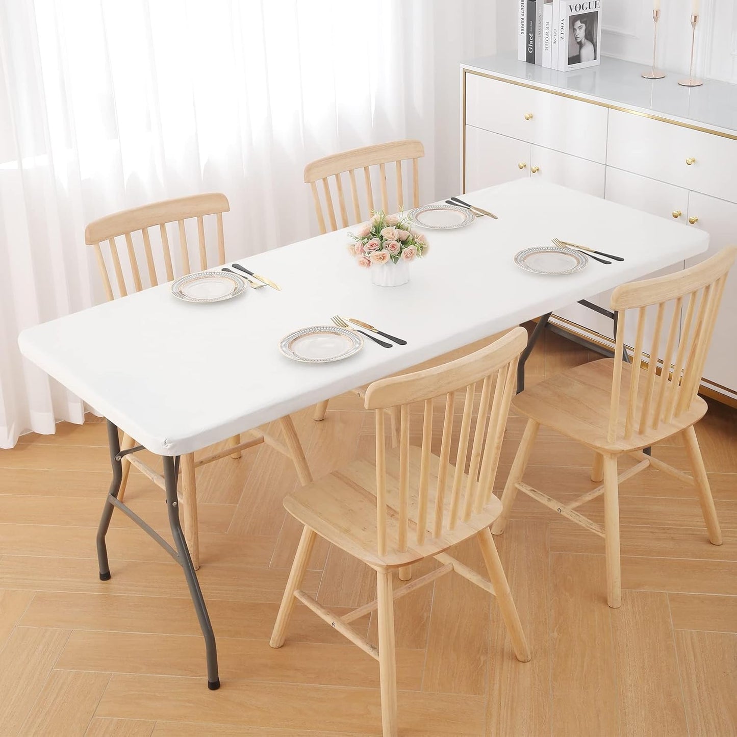 Smiry Rectangle Tablecloth, Elastic Fitted Flannel Backed Vinyl Tablecloths for 8ft Folding Tables, Waterproof Wipeable Table Covers for Indoor, Outdoor, Picnic and Camping (White, 30"x96")