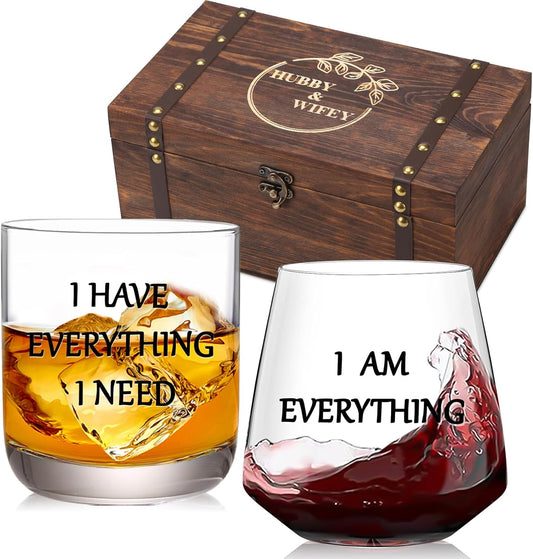 I Have Everything I Need I Am Everything Drinking Set of 2, Wooden Memory Box, Wedding Gifts for Couples, Bridal Shower Gifts, Mr and Mrs Gift, Engagement Couple Drinking Glass for Him Her