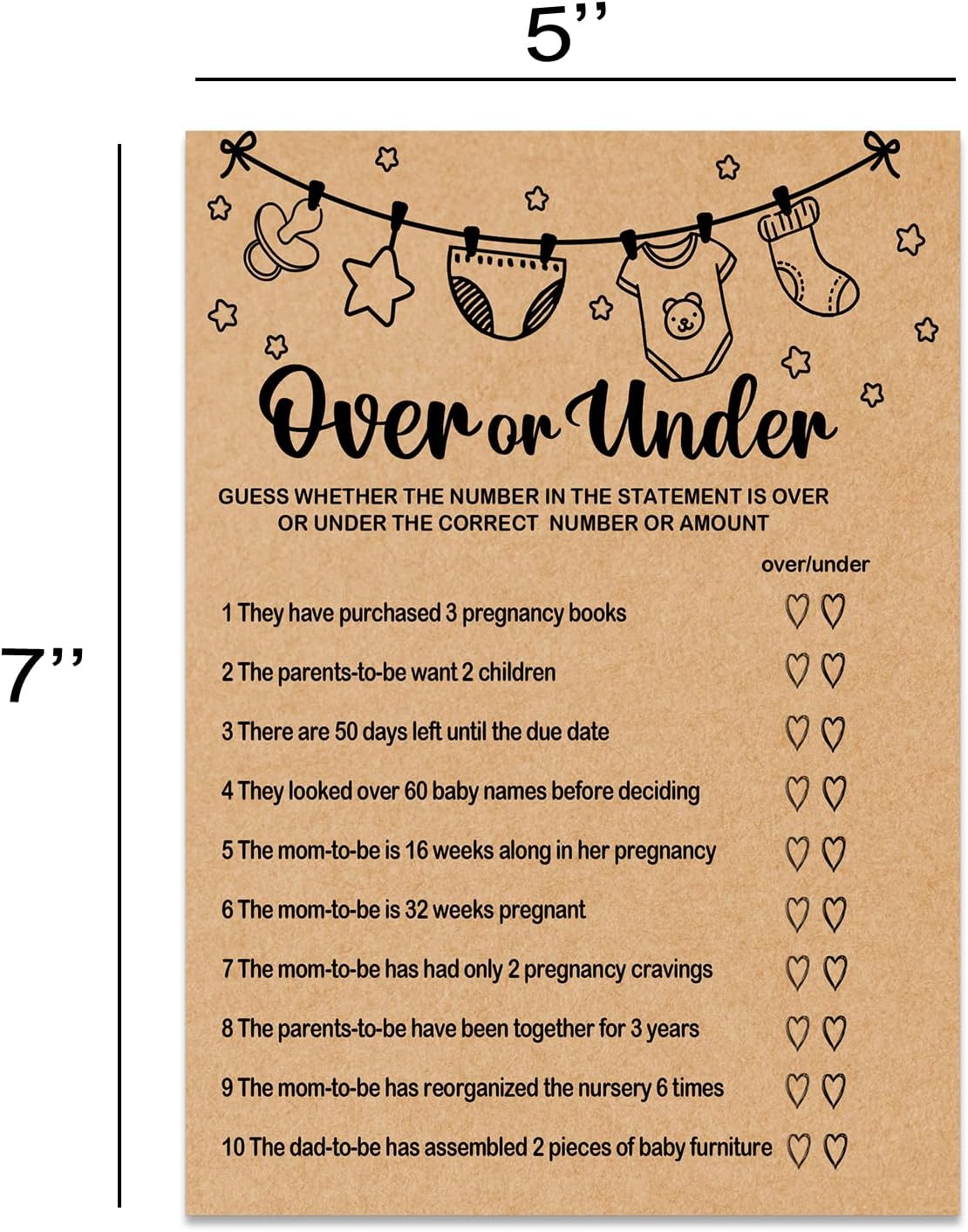 Baby Shower Game, Over or Under Game Cards, Baby Shower Party Games Supplies & Activities, Party Activities Ideas Supplies, Baby Shower Ideas, 30 Game Cards Included, Kraft