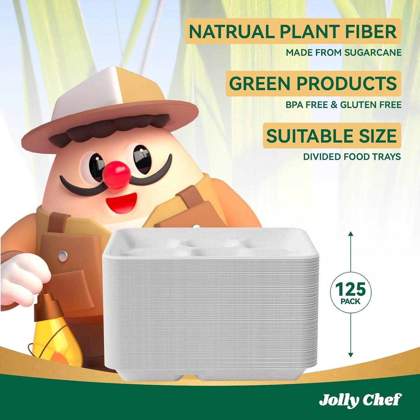 JOLLY CHEF Compostable 𝟱 Compartment Paper Plates 10*8.25*1 𝗶𝗻𝗰𝗵 [𝟭𝟮𝟱 𝗣𝗮𝗰𝗸] Small Heavy Duty Divided Disposable White Eco-Friendly Biodegradable Food Tray for School Lunch Thanksgiving Day