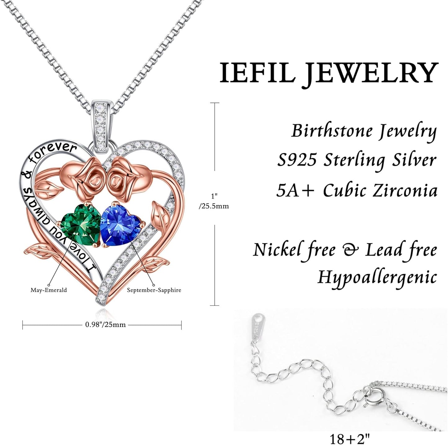 Iefil Rose Heart Double Birthstone Necklace Gifts for Wife Her Mom Women, Birthstone Jewelry Gemstone Birthday Gifts for Girlfriend Grandma Her Wife Women