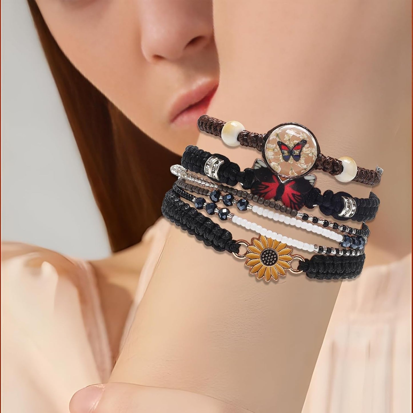 DS 4PCS String beads Charm Bracelets for Teen Girls Dainty cute cartoon Butterfly Daisy Eternal flower Beads Bracelets set for woman and girls Adjustable Stretch bracelet birthday Gift For Friends