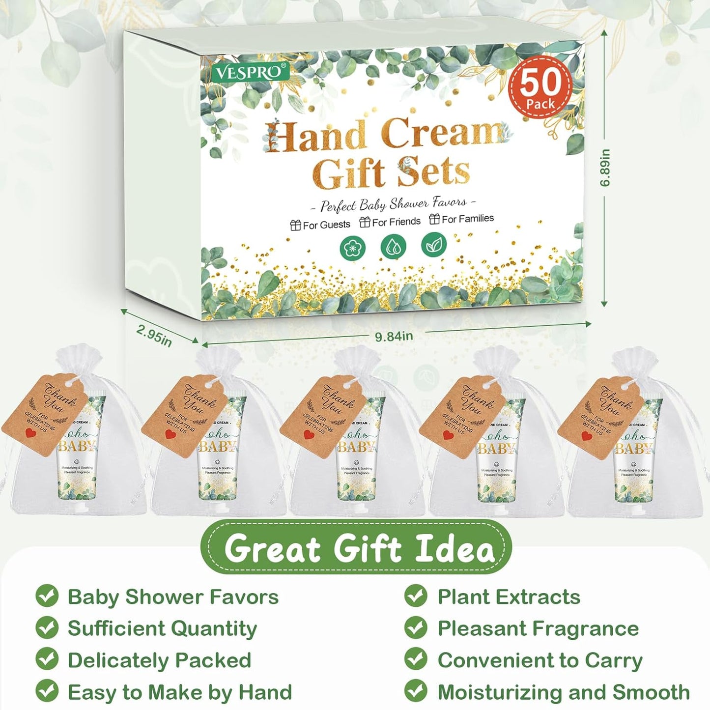 VESPRO 50 Sets Baby Shower Hand Cream Bulk Gifts, Bridal Party Gifts and Wedding Favors for Guests with Thank You Card and Organza Gift Bags, Small Gifts for Women