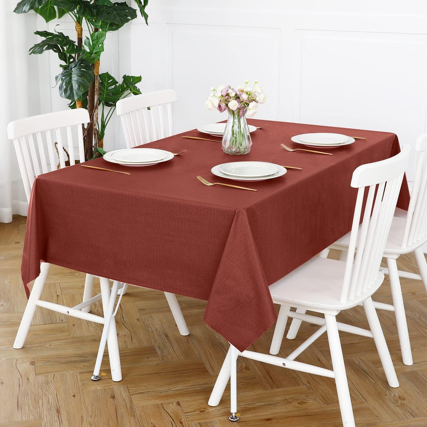 Romanstile Christmas 100% Waterproof PVC Tablecloth, Rectangle Oil Spill Proof Stain Resistant Vinyl Table Cloth, Wipe Clean Plastic Table Covers for Kitchen/Dining/Parties - 54 x 78 Inch, Rust Red