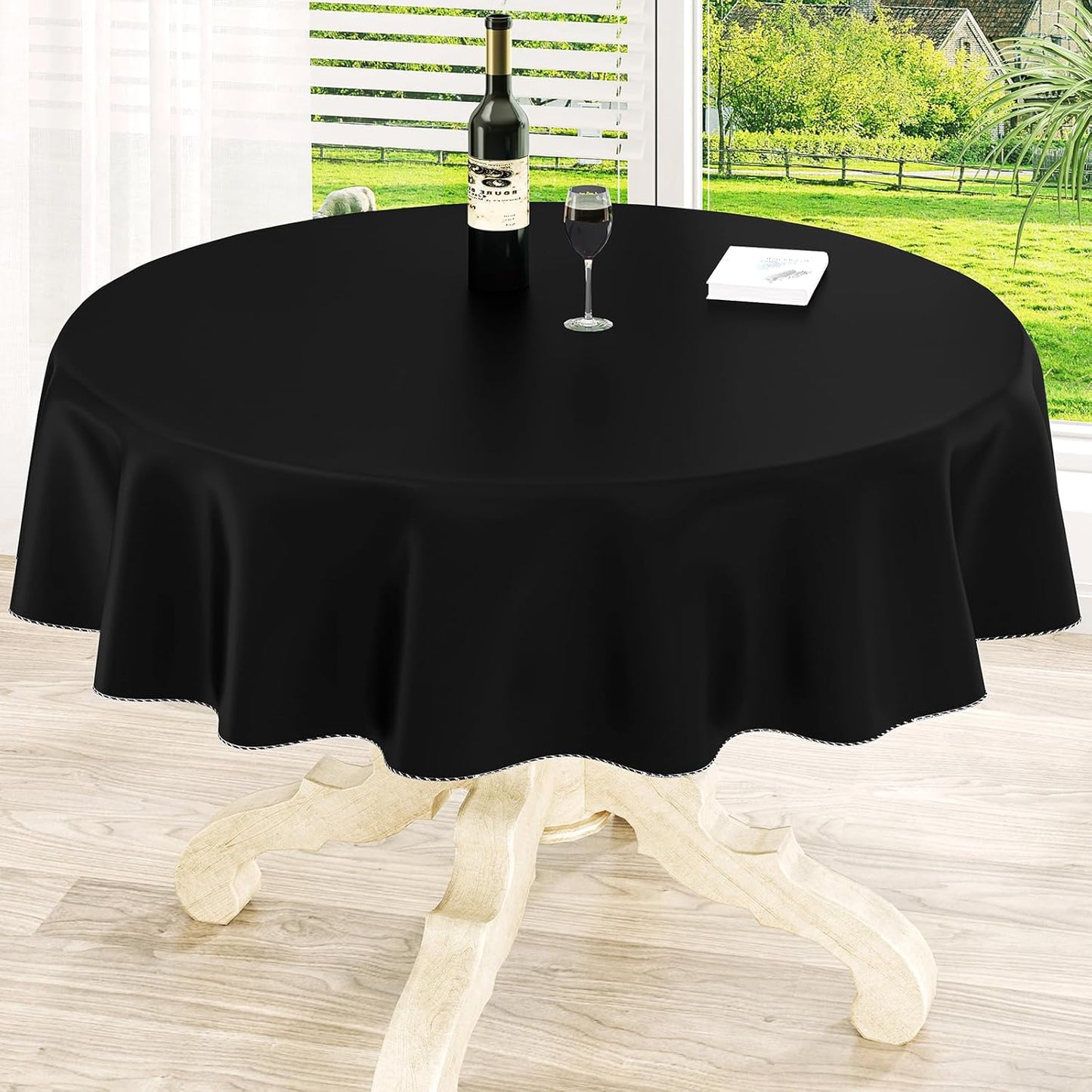 homing Round Vinyl Tablecloth, Waterproof Spillproof Plastic Flannel Backed Table Cloth, Wipe Clean Table Cover for Dining, Buffet Parties and Camping (Black, 60")