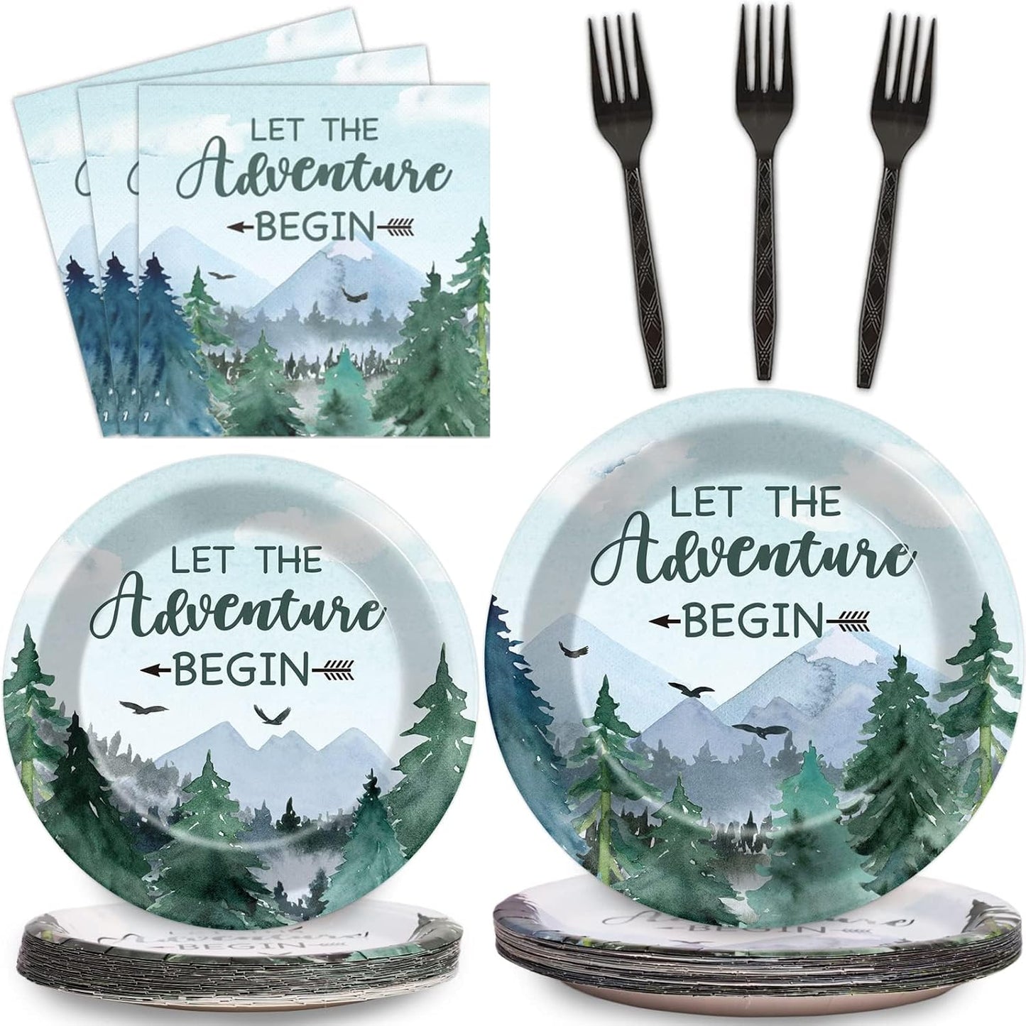 ZOIIWA 200 PCS Adventure Awaits Tableware Disposable Let The Adventure Begin Party Supplies Dinnerware Set Baby Shower Plates Napkins Birthday Party Decoration Serve 50 guest