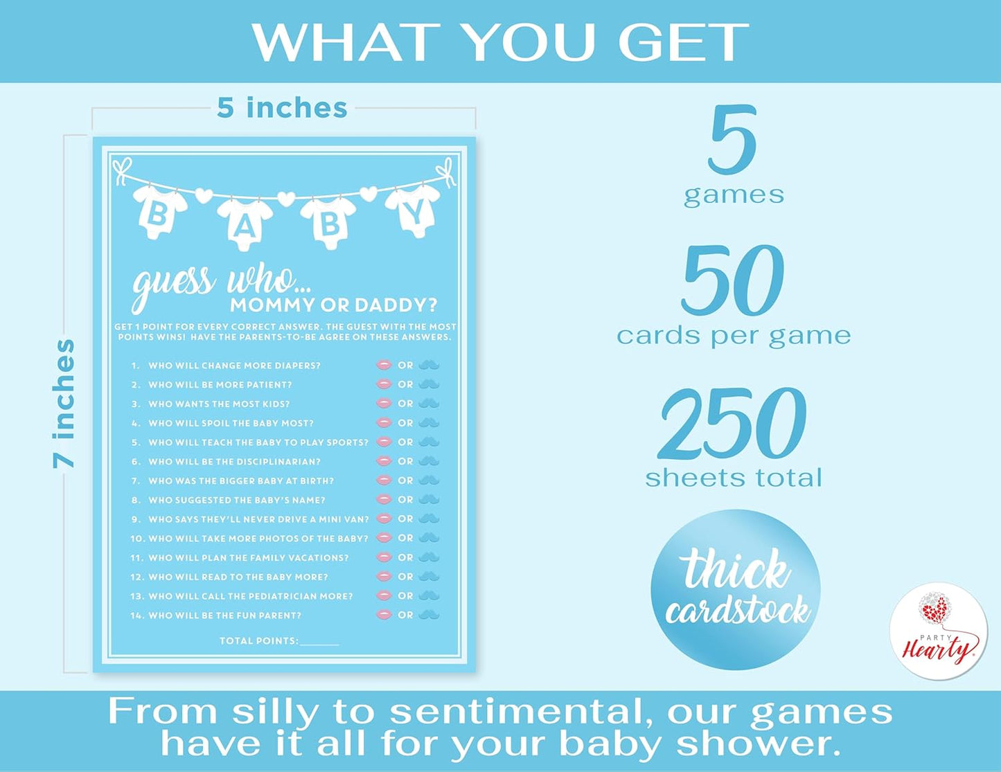 Party Hearty Baby Shower Games for Boy, 250 pcs Blue 5 Games Activities Cards, Funny Baby Shower Games, Baby Shower Ideas