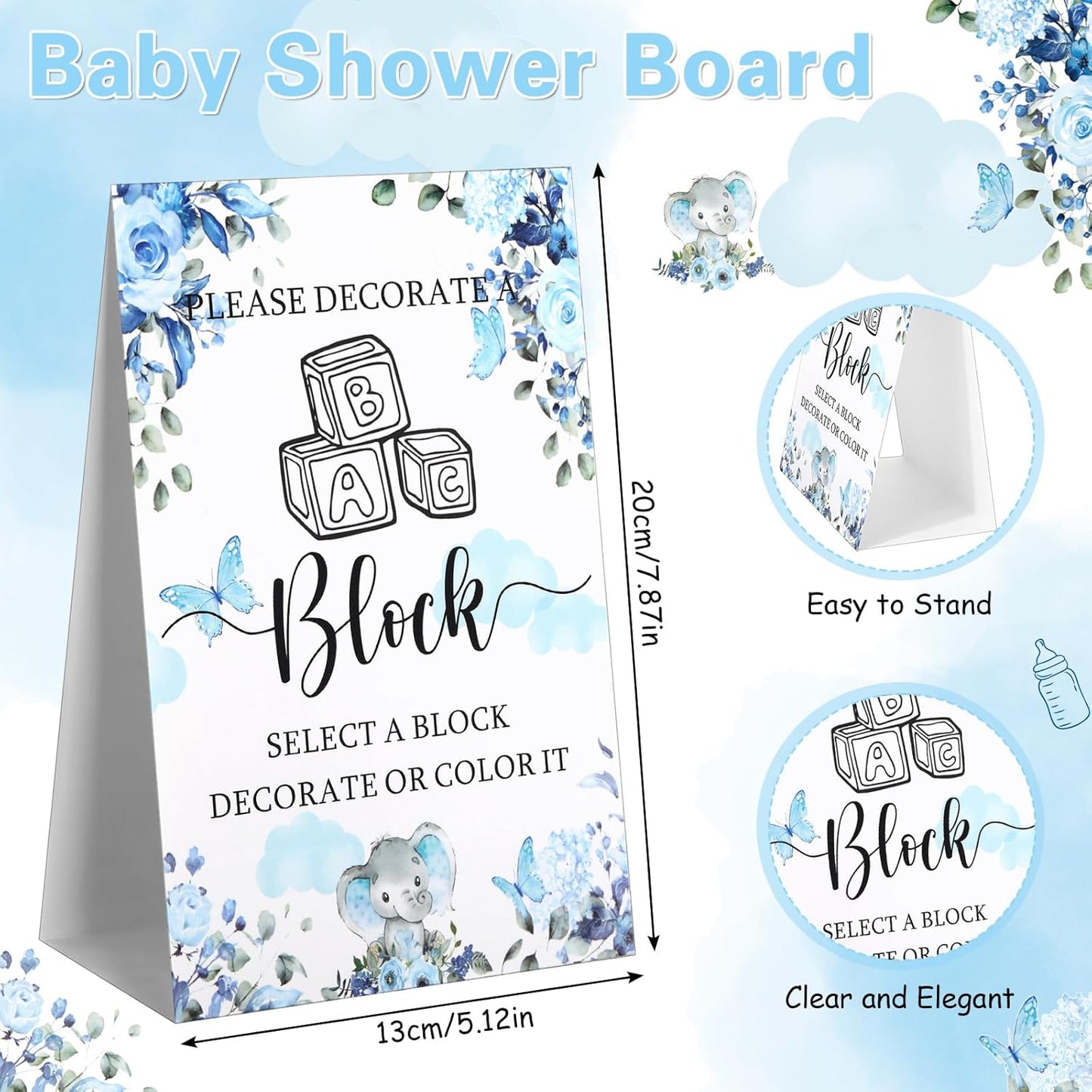 Marsui 136 Pcs Baby Shower Blocks to Decorate Game Kit Includes 98 Wooden Blocks, 36 Markers, 1 Game Sign, 1 Storage Box for Baby Shower Gender Reveal Activity Party Decorations(Blue Butterfly)