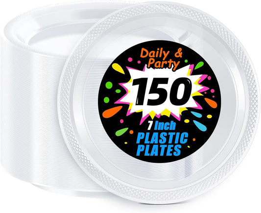 WELLIFE 7 Inch Clear Dessert Plates 150 Count, Clear Disposable Plastic Plates for Party Dessert Cake Appetizers Salad Wedding Engagement St. Patrick's Day Easter