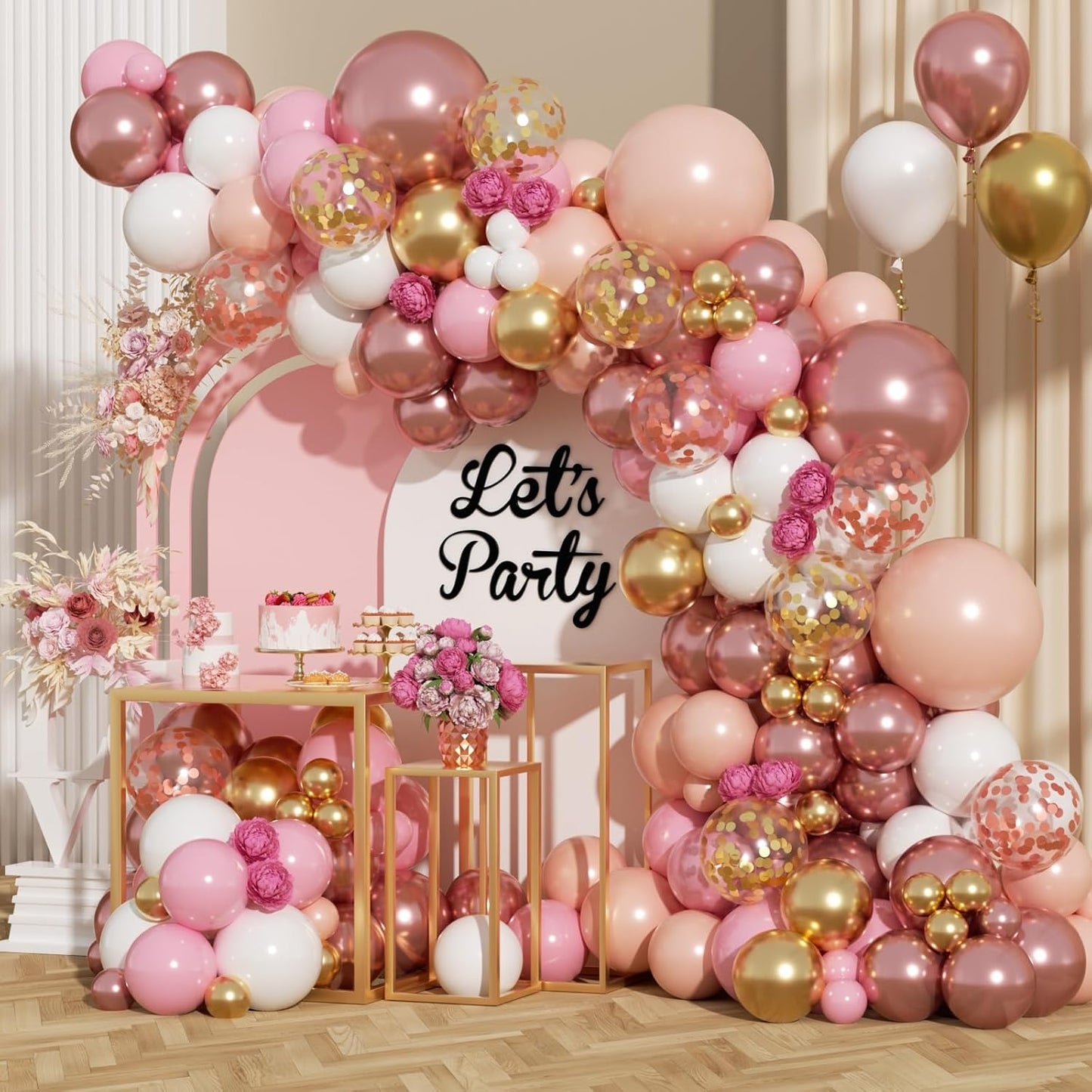 Rose Gold Balloon Arch Kit, 164Pcs Nude Pastel Pink Metallic Gold White and Confetti Balloon Garland kit for Bridal Shower Girl Birthday Baby Shower Wedding Party Decorations