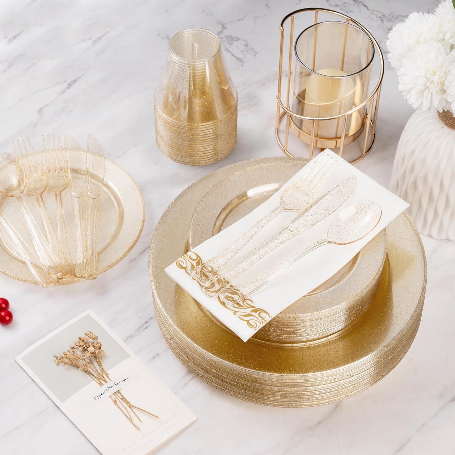 Goodluck 350 Piece Dinnerware Set for 50 Guests, Plastic Plates Disposable for Party, Include: 100 Gold Glitter Plastic Plates, 50 Paper Napkins, 50 Cups, 50 Gold Glitter Plastic Silverware Set