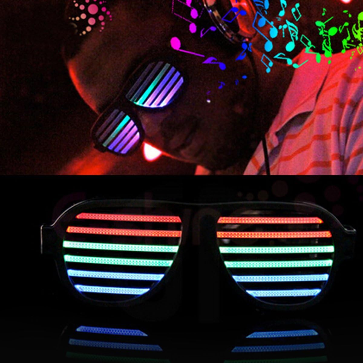GS GLOWSEEN Light Up Shutter Glasses Sound Reactive - USB Rechargeable Rave Glasses - Black