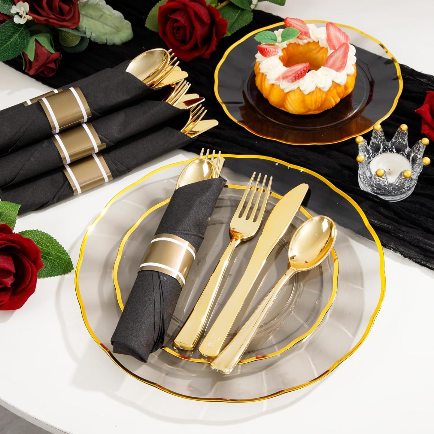 Supernal 30 Pack Pre Rolled Gold Plastic Silverware Set with Napkins, Wrapped Plastic Cutlery Set, Disposable Utensils Includes 30 Forks, 30 Knives, 30 Spoons, 30 Napkins for Party, Wedding