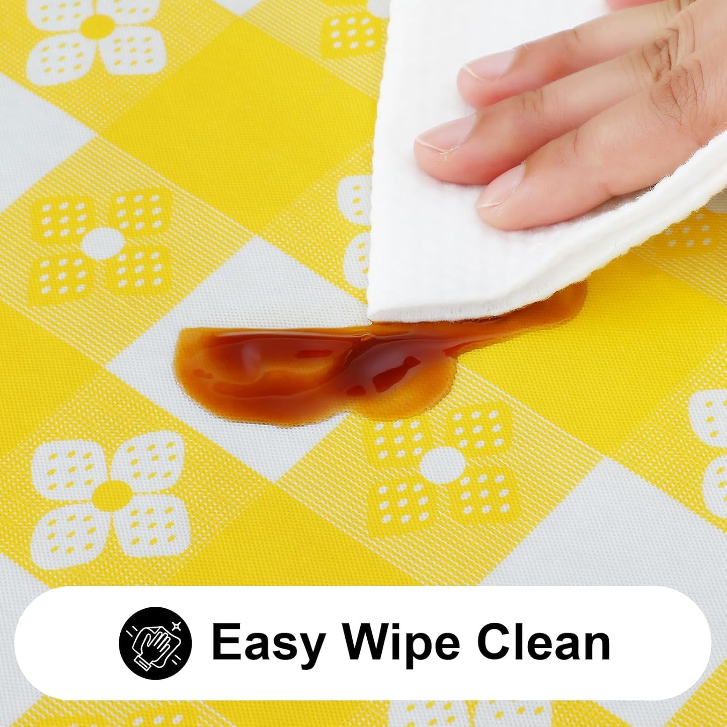 Rectangle Vinyl Table Cloth, Waterproof Elastic Fitted Tablecloth with Flannel Backing, Plastic Table Cover for Picnic, Camping, Outdoor (White & Yellow, 30"x96")