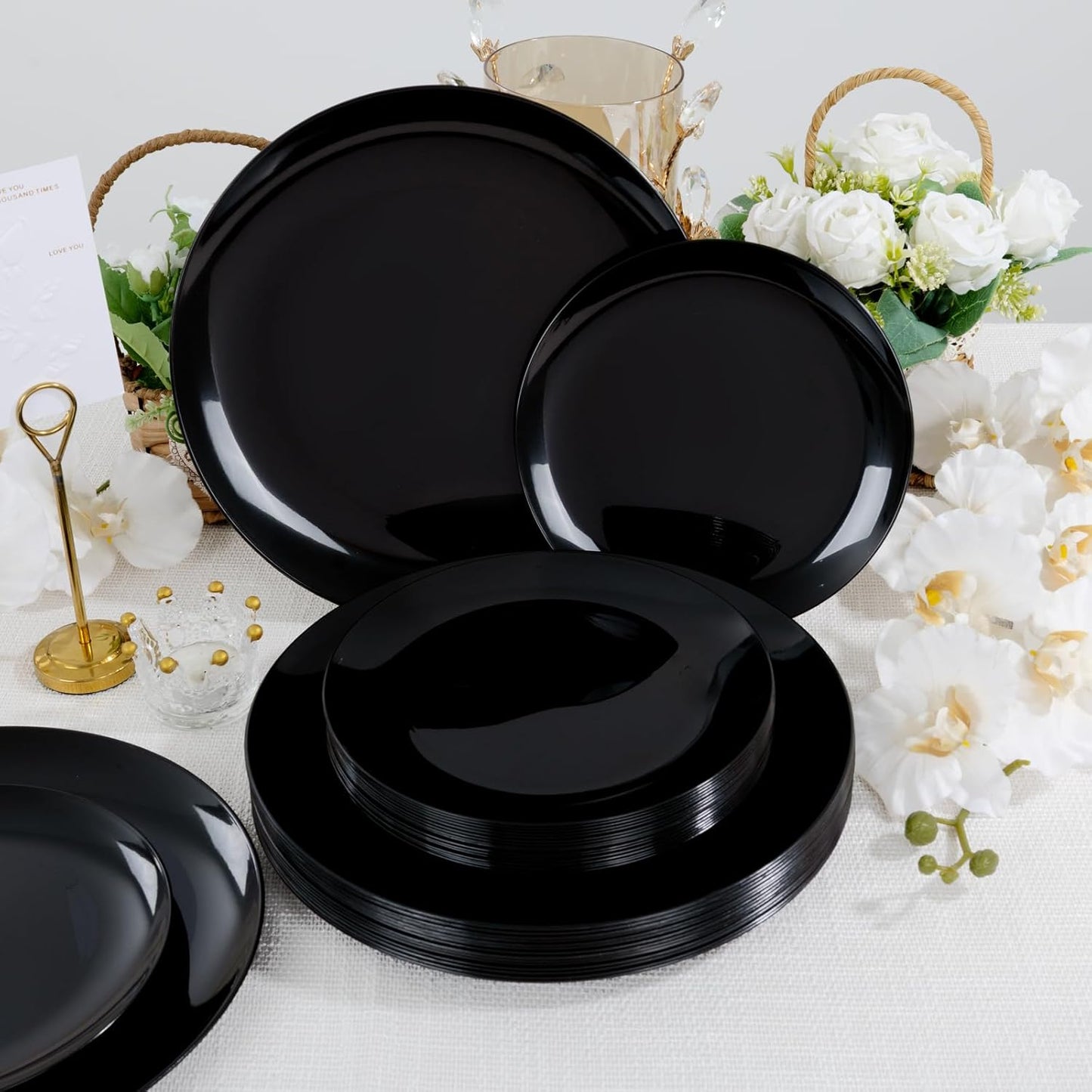 LIYH 120 Pcs Black Plastic Plates Heavyduty - Halloween Plates Disposable Plate Dishes for Party Wedding Includes 60 Dinner 10.25" & 60 Dessert Plate 7.5" for Halloween Day