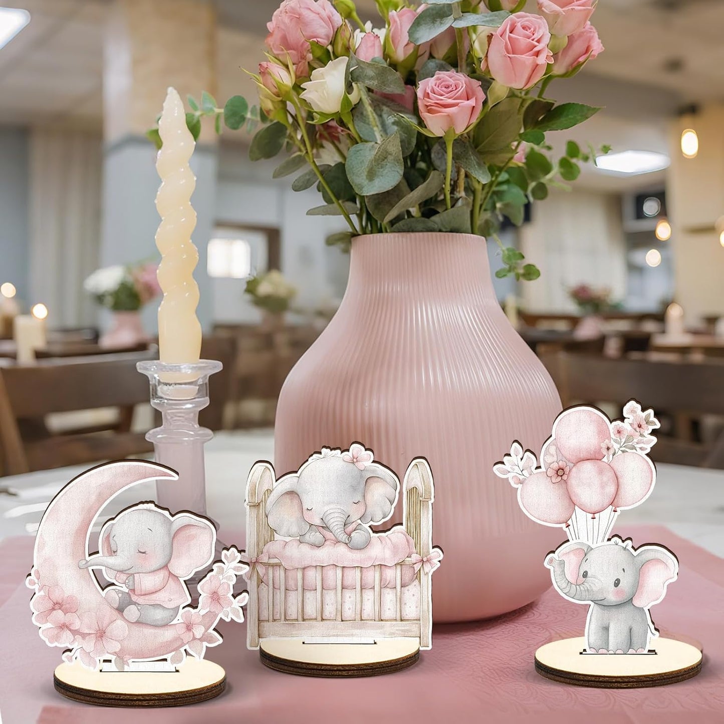 16 Pcs Wooden Baby Shower Table Centerpiece Pink Elephant Tabletop Detachable Sign It's A Girl Gender Reveal Table Toppers Display Decoration Elephant Birthday Photo Props Party Favor Supplies