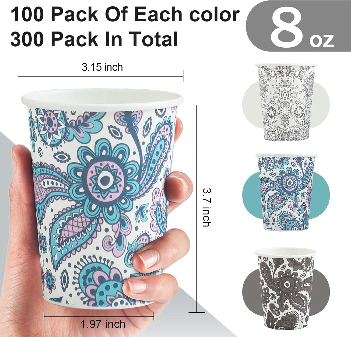 [300 Pack 8 OZ Paper Cups, Disposable Coffee Cups 8 oz Hot/Cold Colourful Beverage Drinking Cups for Office Party Home Picnic (Paisley)