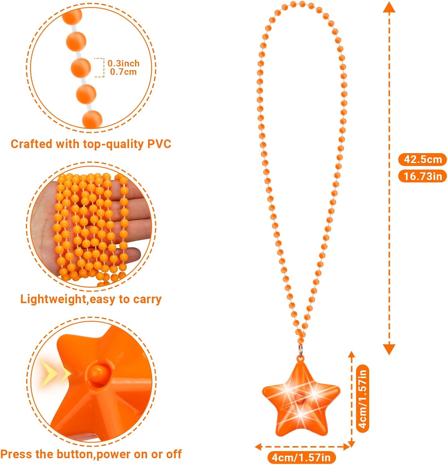 6 Pack Orange LED Glow Star Necklace Bulk Beaded Necklaces for Halloween Christmas Decorations Mardi Gras Party Favors