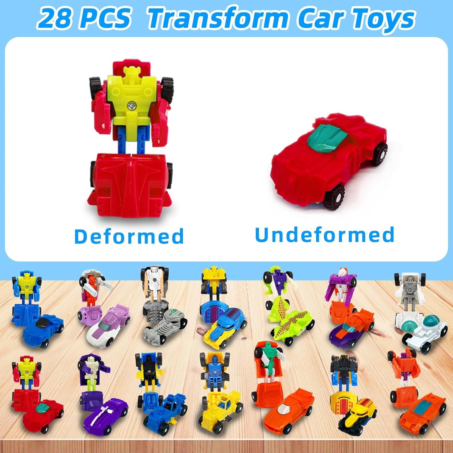 28 Pack Transforming Car Robot Toys for Kids, 14 Styles Prefilled Mini Vehicle Gift for Grandkids Boys Girls Party Favors, Birthday, Game Prizes and Christmas Stocking Stuffer Filler