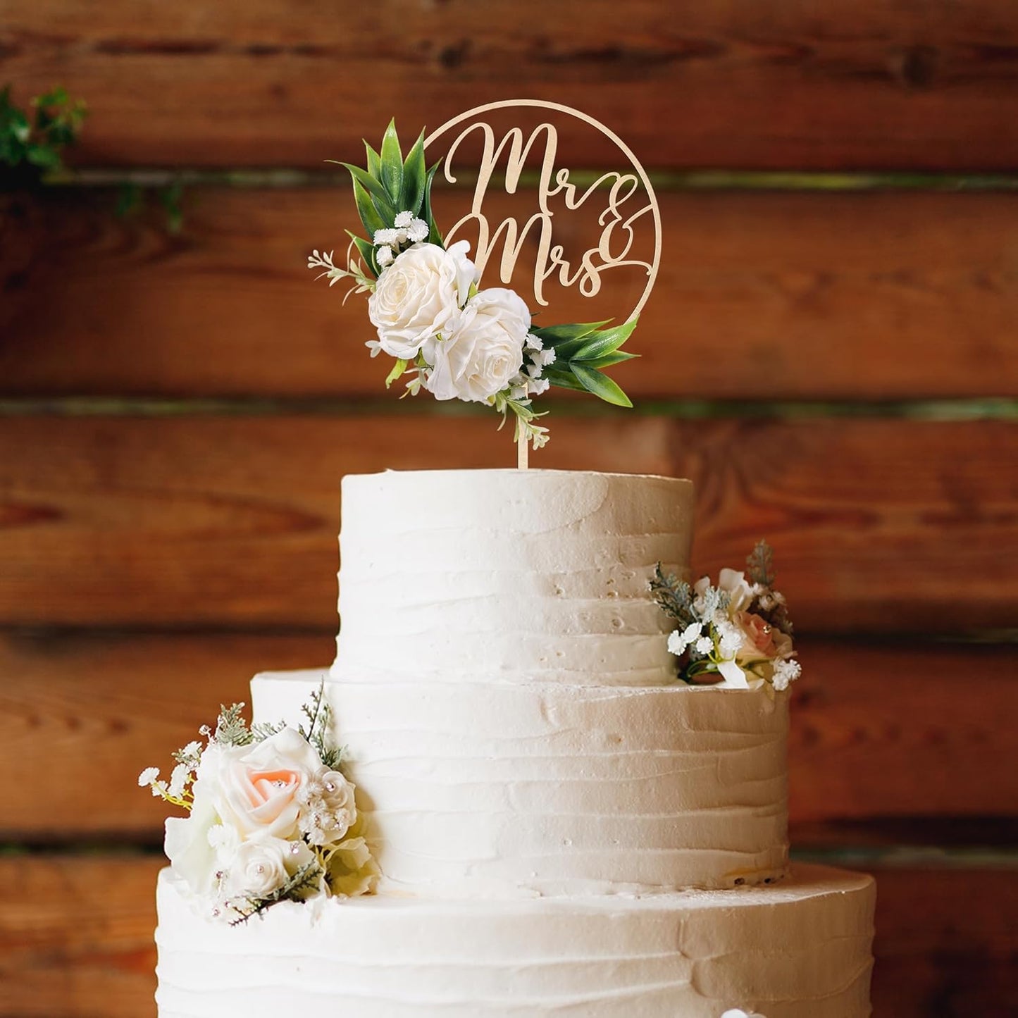 Mr & Mrs Wedding Cake Topper with 3D Artificial White Flowers and Green Leaves Wooden Cake Decoration for Wedding 3D White Roses