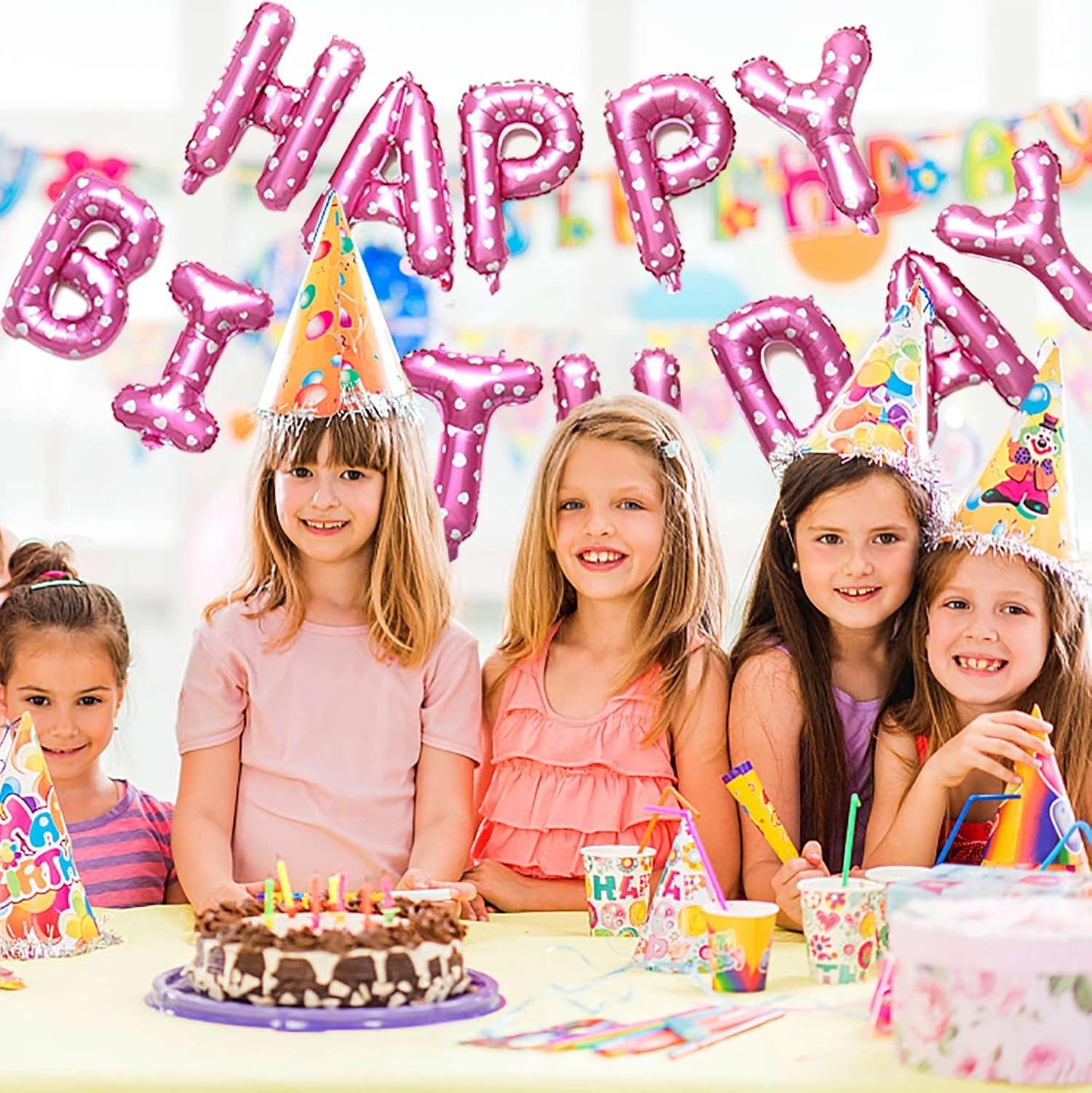 KALOR Pink Happy Birthday Balloons Banner, 16 Inch Mylar Foil Letters Balloon Sign for Women, Men, Boys & Girls Kids Birthday Decorations Photo Backdrop