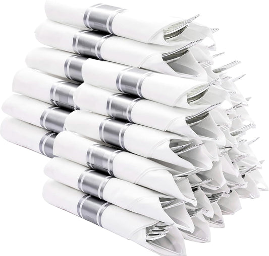 N9R 120 Pack Pre Rolled Silver Plastic Silverware Set, Wrapped Silverware Set Disposable with 120 Forks, 120 Knives, 120 Spoons, 120 Napkins, Disposable Cutlery Set for Party and Wedding