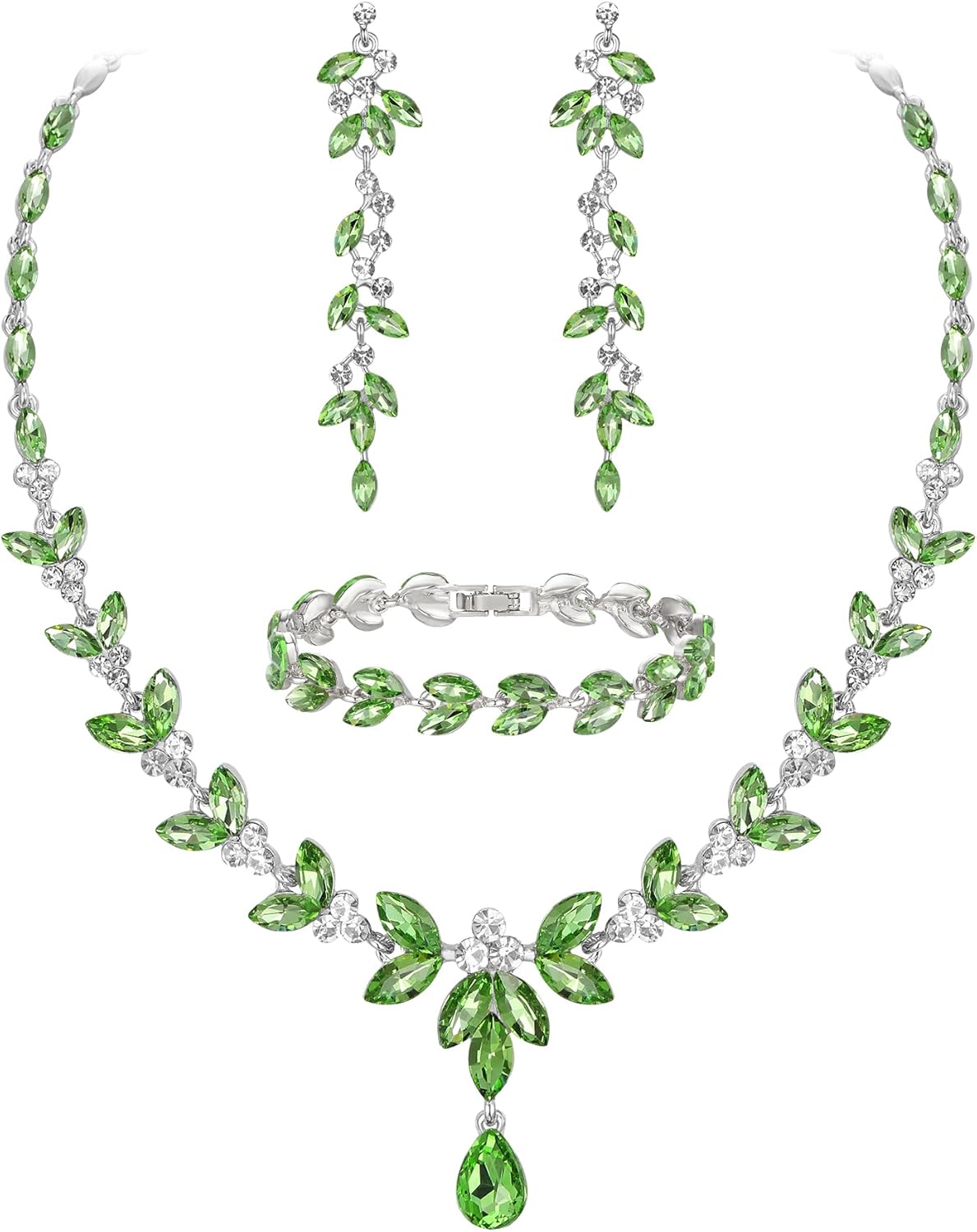 EVER FAITH Austrian Crystal Bridal Bridesmaid Jewelry Sets, Elegant Marquise Rhinestone Leaf Necklace Dangle Earrings Tennis Bracelet Set for Women