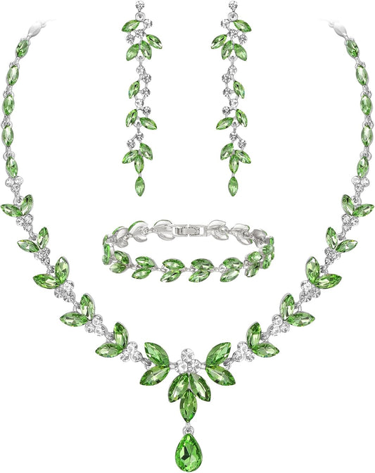 EVER FAITH Austrian Crystal Bridal Bridesmaid Jewelry Sets, Elegant Marquise Rhinestone Leaf Necklace Dangle Earrings Tennis Bracelet Set for Women