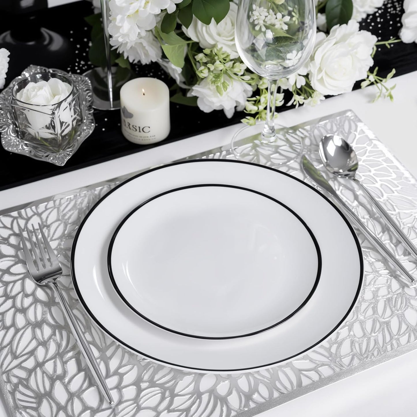 LIYH 120 Pcs White Plastic Plates with Black Rim - Halloween Plates Disposable Plate Dishes for Party Wedding Includes 60 Dinner 10.25" & 60 Dessert Plate 7.5" for Party Birthdays Halloween 60 Guests