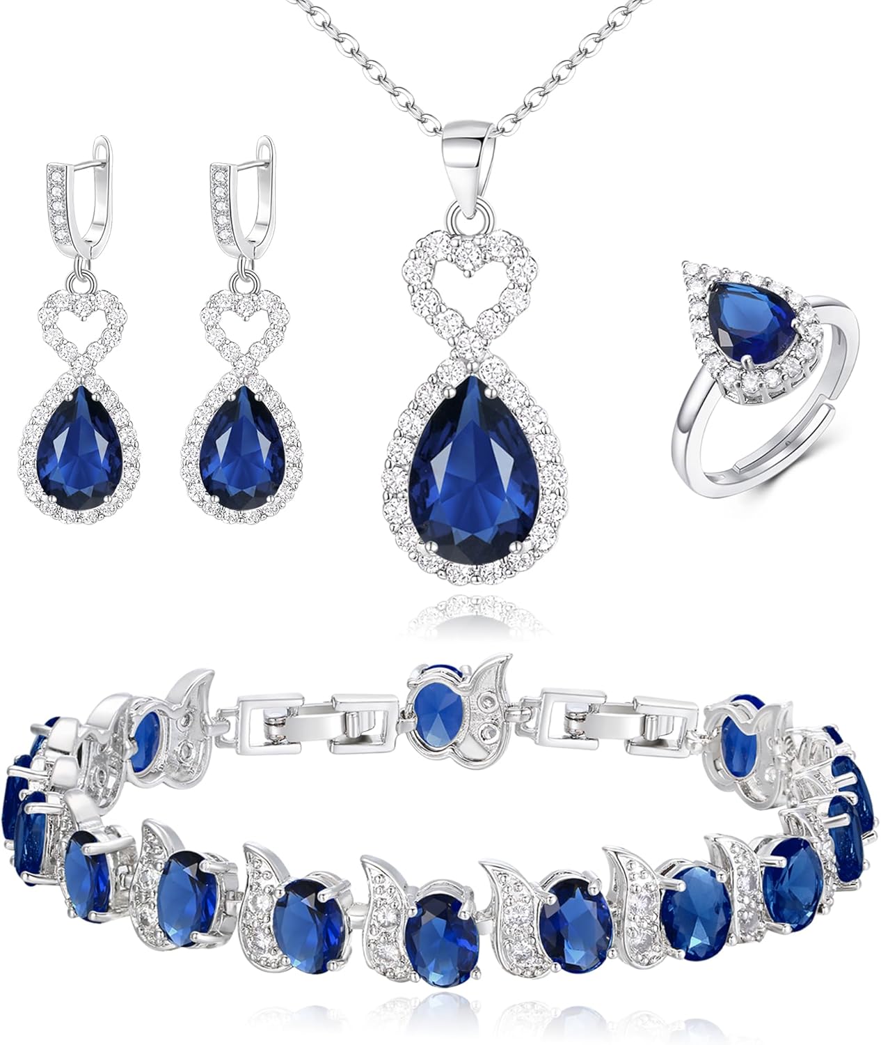 BriLove Wedding Jewelry Set for Women Bride Bridesmaid, Gorgeous Cubic Zirconia Teardrop Necklace Earrings Bracelet Adjustable Ring Jewelry Gift for Birthday/Anniversary/Mother’s Day