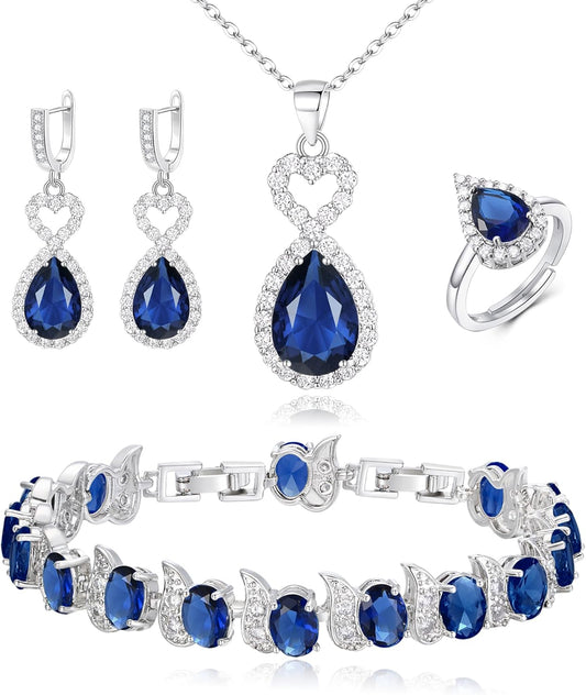 BriLove Wedding Jewelry Set for Women Bride Bridesmaid, Gorgeous Cubic Zirconia Teardrop Necklace Earrings Bracelet Adjustable Ring Jewelry Gift for Birthday/Anniversary/Mother’s Day