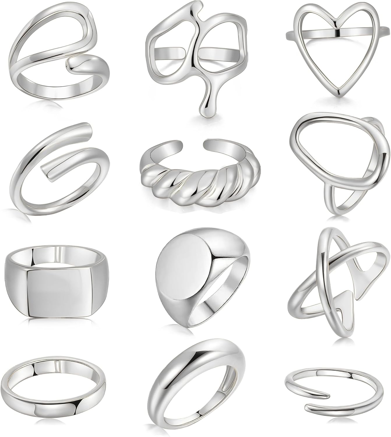 FAXHION 12PCS Gold Stackable Rings Set for Women, 18K Gold Plated Open Stacking Knuckle Ring, Adjustable Chunky Signet Band Statement Ring for Gift