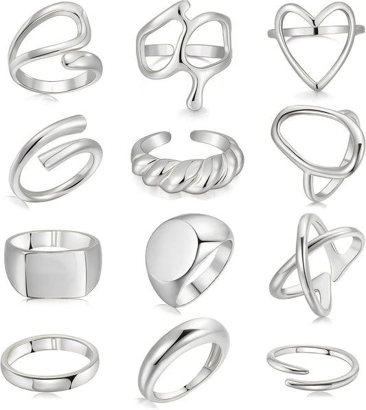 FAXHION 12PCS Gold Stackable Rings Set for Women, 18K Gold Plated Open Stacking Knuckle Ring, Adjustable Chunky Signet Band Statement Ring for Gift