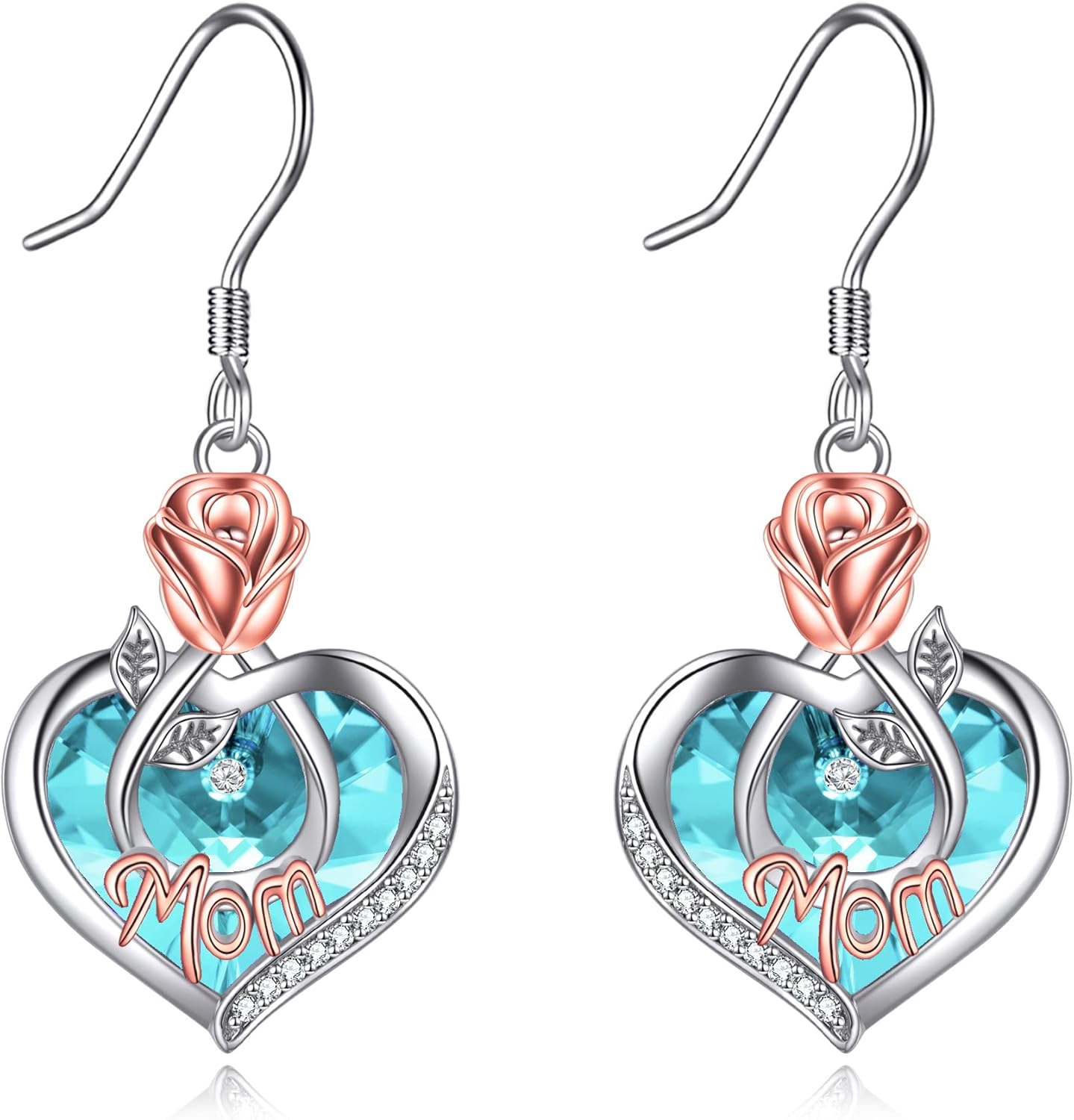 Mom Earrings with Rose Flower Love Heart 925 Sterling Silver Crystal Dangle Drop Hook Earrings Jewelry